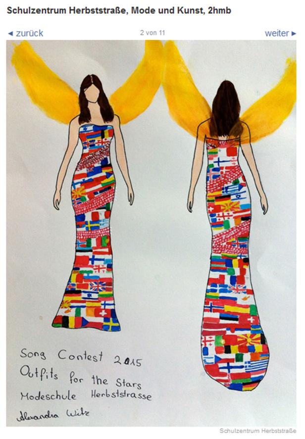 Eine Zeichnung von zwei Kleidern, die mit verschiedenen Nationalflaggen verziert sind, mit gelben Flügeln im Hintergrund.