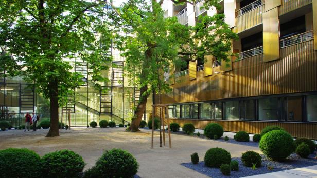 Ein Innenhof mit Bäumen, Büschen und modernen Bürogebäuden im Hintergrund.