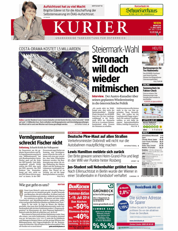 Titelseite des Kurier vom 7. Juli 2014 mit Artikeln zu Costa Concordia und Frank Stronach.