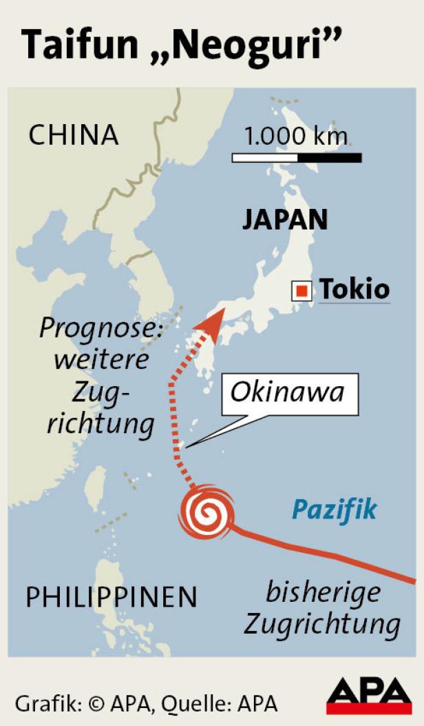 Eine Karte, die den Verlauf des Taifuns „Neoguri“ über den Pazifik zeigt.