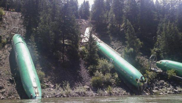Mehrere Flugzeugrümpfe liegen in einem Fluss und an einem bewaldeten Hang.