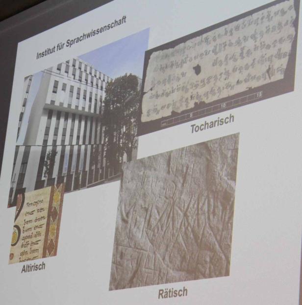Eine Collage mit Beispielen alter Schriften und dem Institut für Sprachwissenschaft.