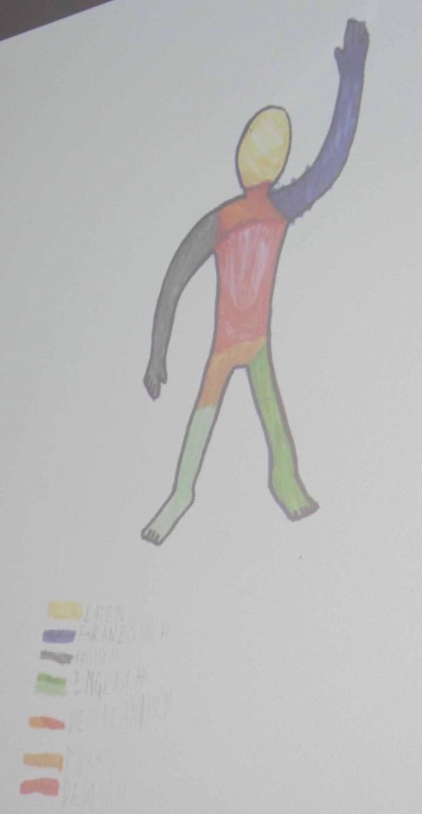 Eine farbenfrohe Strichmännchen-Zeichnung mit erhobenem Arm.