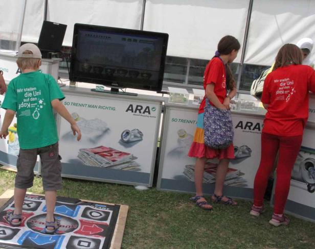 Kinder spielen an einem Stand von ARA Altstoff Recycling Austria mit einem Tanzspiel.