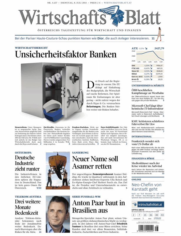 Titelseite des WirtschaftsBlatt mit dem Titel „Unsicherheitsfaktor Banken“ und einem Tresor im Hintergrund.