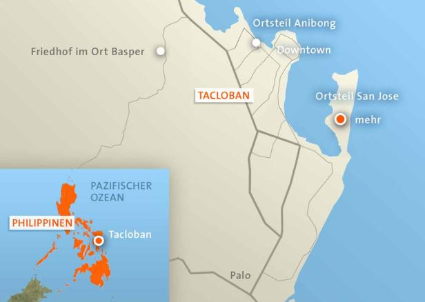 Eine Karte von Tacloban, Philippinen, mit Ortsnamen und dem Pazifischen Ozean.