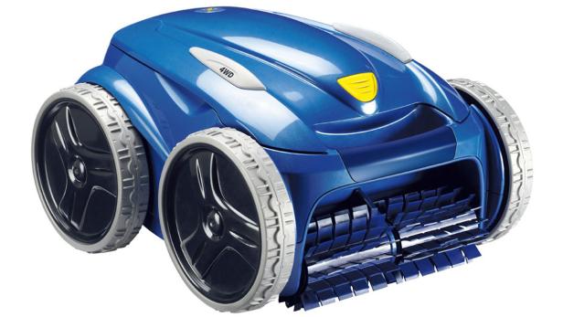 Ein blauer Poolreinigungsroboter mit vier Rädern steht auf einem weißen Hintergrund.