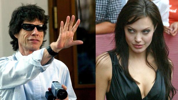 Ein zusammengesetztes Bild von Mick Jagger mit einer Videokamera und Angelina Jolie.