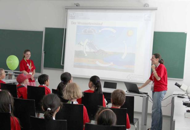 Eine Frau erklärt den Wasserkreislauf vor einer Gruppe von Kindern.
