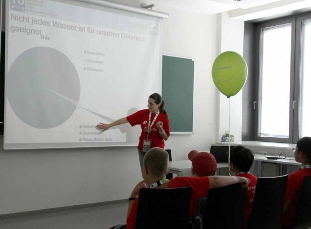 Eine Frau präsentiert eine Grafik über die Wasserverteilung auf der Erde vor Kindern.