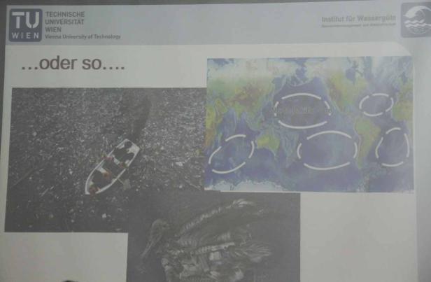 Eine Collage mit einem Boot im Müll, einer Weltkarte und einem Vogel.