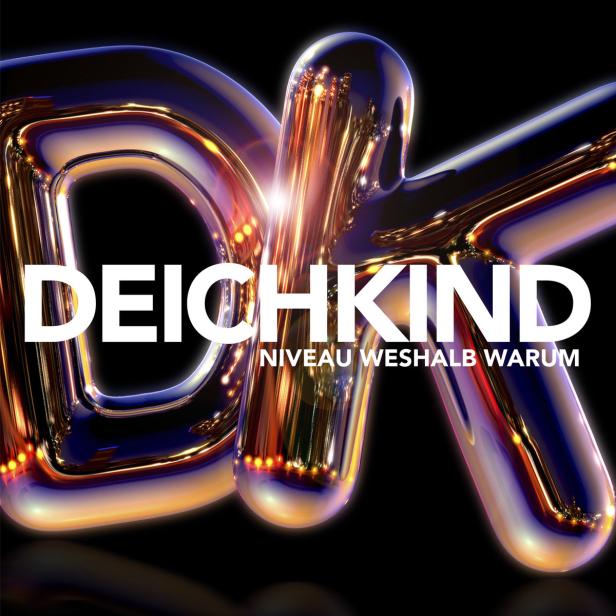 Das Cover von Deichkinds „Niveau Weshalb Warum“ zeigt den Bandnamen vor einem glänzenden, abstrakten Objekt.