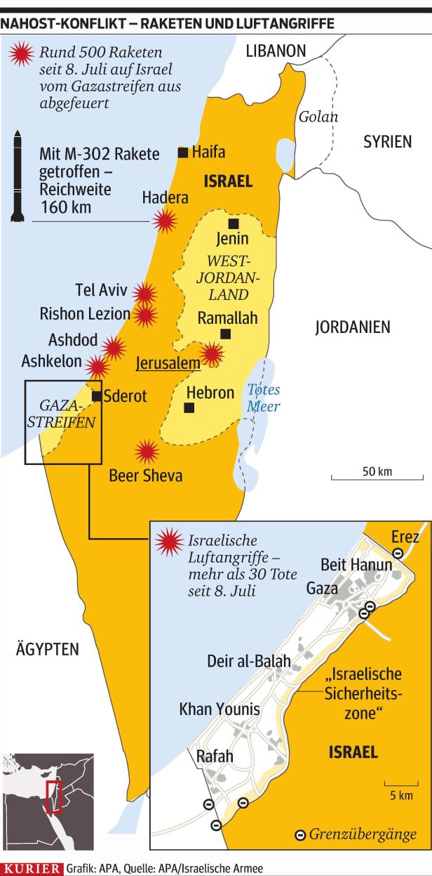 Eine Karte, die Raketenangriffe und Luftangriffe im Nahost-Konflikt zwischen Israel und den umliegenden Gebieten zeigt.