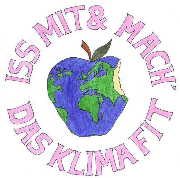 Ein Apfel in Form der Weltkugel mit dem Slogan „Iss mit & mach’ das Klima fit!“.