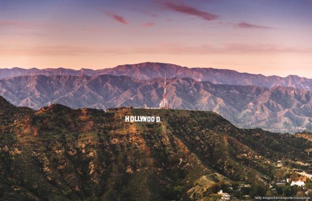 Aerial view of the Hollywood sign at dusk