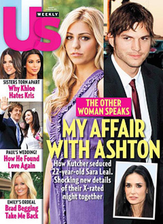 Das Cover von „US Weekly“ zeigt Sara Leal und Ashton Kutcher, mit Schlagzeilen über ihre Affäre.