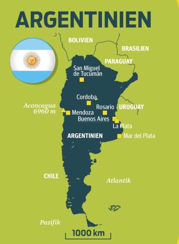 Eine Karte von Argentinien mit den wichtigsten Städten und dem Aconcagua.
