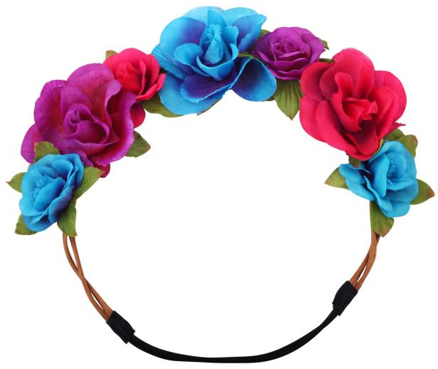 Ein Haarband mit bunten Stoffblumen in Blau, Pink und Lila.