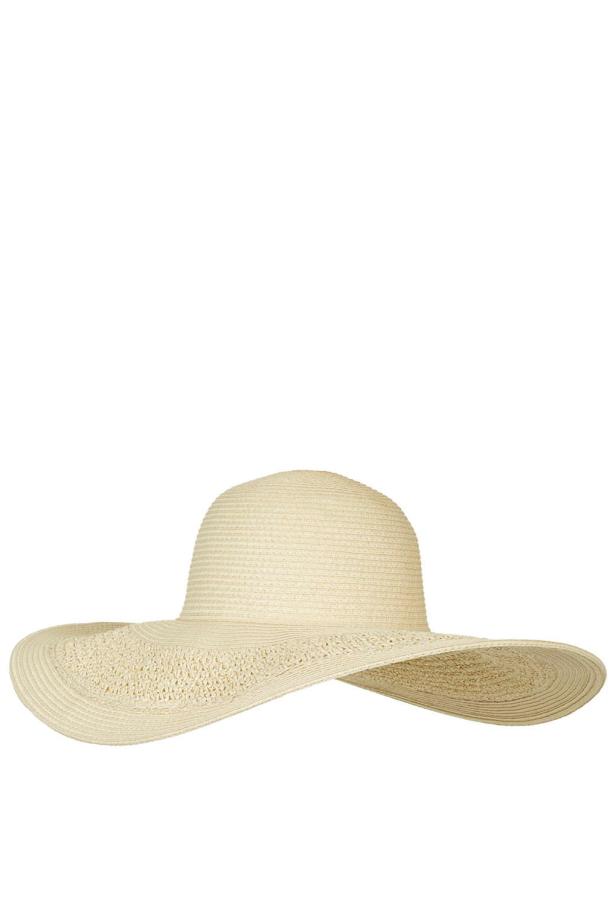 Ein beiger Sonnenhut mit breiter Krempe.