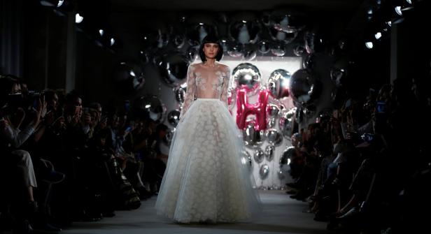 A model presents a creation by Lena Hoschek during