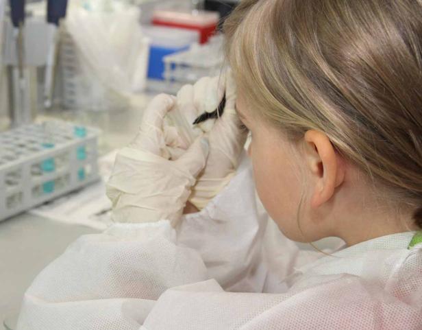 Ein Kind im Laborkittel untersucht eine Probe mit Handschuhen.