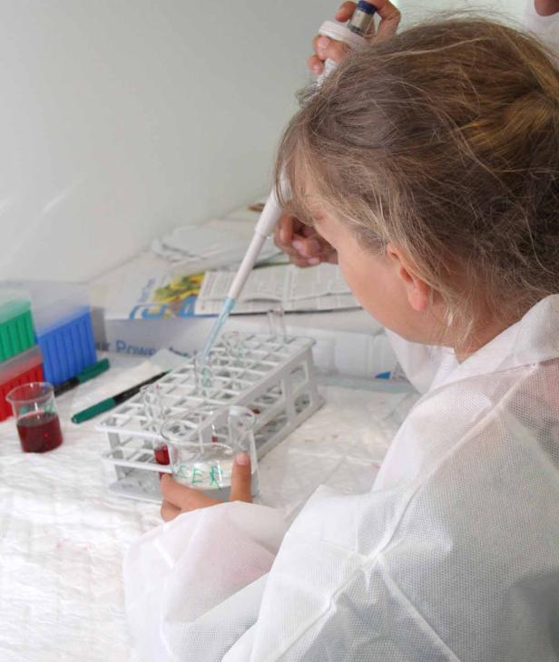 Ein Kind im Laborkittel pipettiert eine Flüssigkeit in ein Reagenzglas.