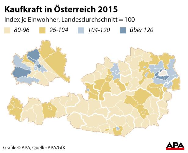 Eine Karte Österreichs aus dem Jahr 2015, die die Kaufkraft je Einwohner im Vergleich zum Landesdurchschnitt darstellt.
