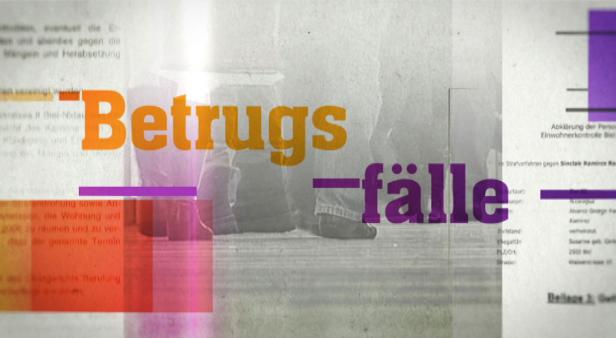 Das Wort „Betrugsfälle“ in großen, bunten Buchstaben überlagert ein verschwommenes Bild von Menschen.