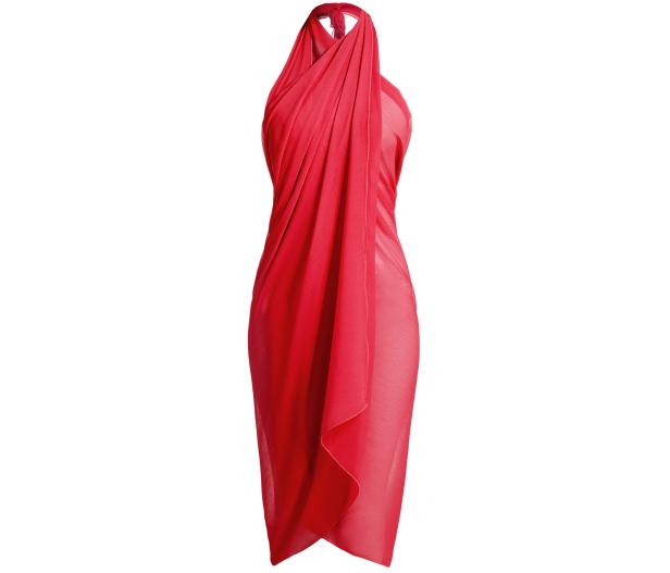 Ein rotes, transparentes Strandkleid vor einem weißen Hintergrund.