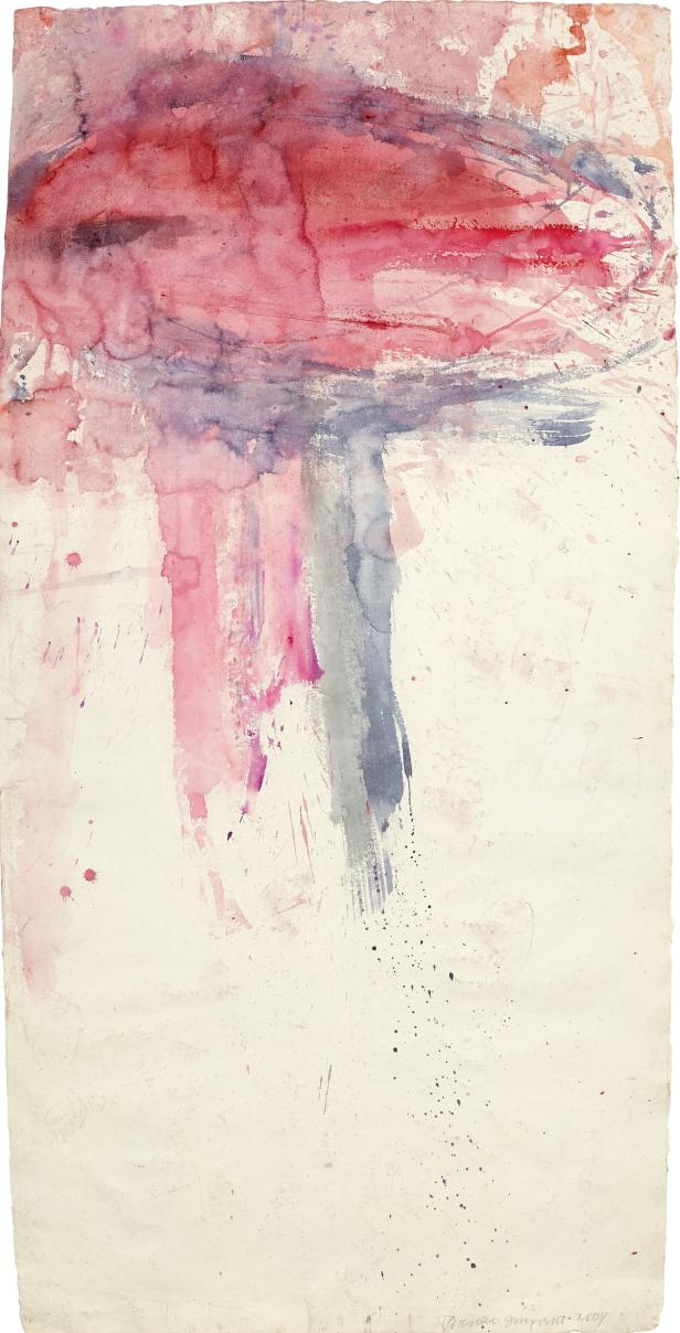 Ein abstraktes Aquarell mit roten, violetten und grauen Farbtönen auf Papier.