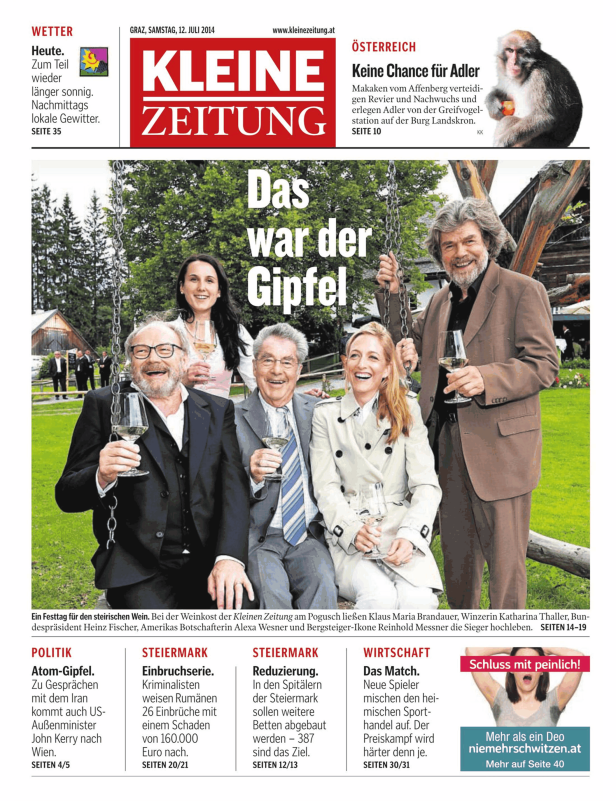 Klaus Maria Brandauer, Katharina Thaller, Heinz Fischer, Alexa Wesner und Reinhold Messner feiern bei der Weinkost der Kleinen Zeitung.