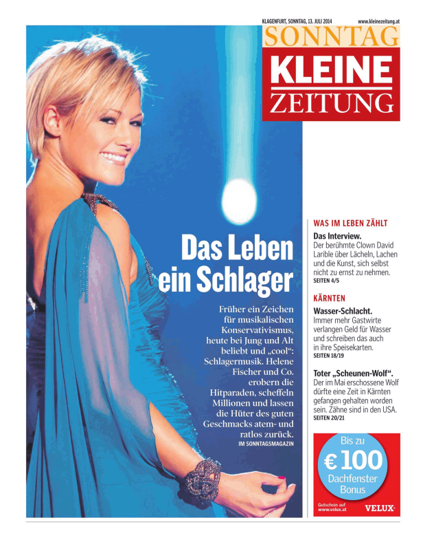Helene Fischer auf dem Cover der „Sonntag Kleine Zeitung“ vom 13. Juli 2014.