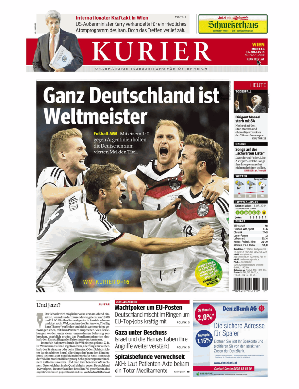 Titelseite des Kurier vom 14. Juli 2014: Deutschland ist Fußball-Weltmeister.