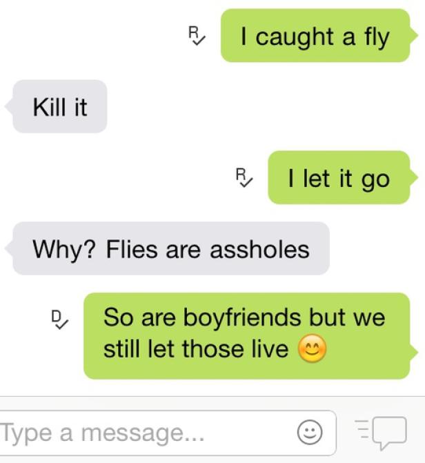 Ein Screenshot eines SMS-Chats über das Fangen und Freilassen einer Fliege.