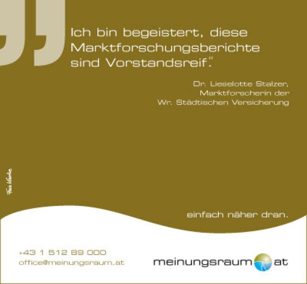 Ein Werbebild von Meinungsraum.at mit einem Zitat von Dr. Lieselotte Stalzer über Marktforschungsberichte.
