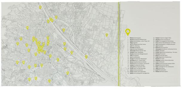 Eine Karte von Wien mit gelben Markierungen, die verschiedene Orte kennzeichnen.
