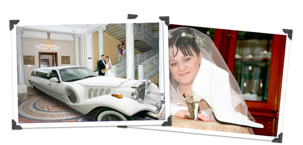 Collage mit einer Brautpaar vor einer Limousine und einer Braut mit einem Miniaturmann.