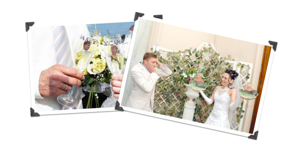 Collage von Hochzeitsfotos mit Brautpaar und Sektgläsern.