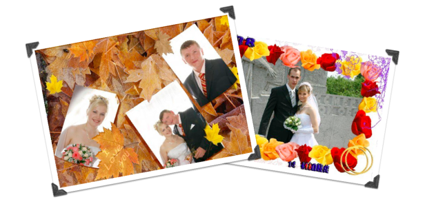 Collage mit Hochzeitsfotos eines Paares, dekoriert mit Herbstlaub und Rosen.