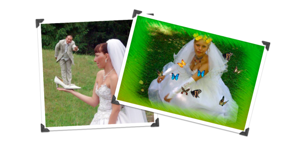 Collage mit einer Braut, die einen Schuh hält, und einer anderen Braut mit Schmetterlingen.