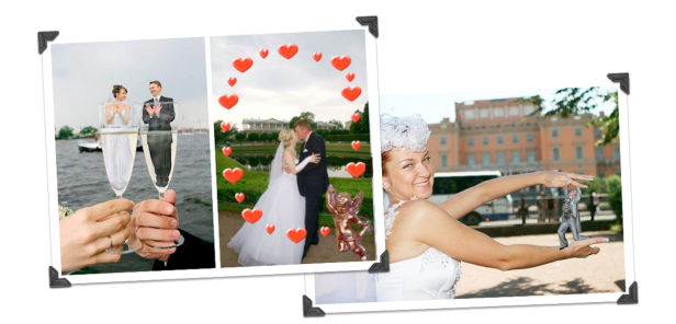 Collage von Hochzeitsfotos mit Brautpaaren an verschiedenen Orten.