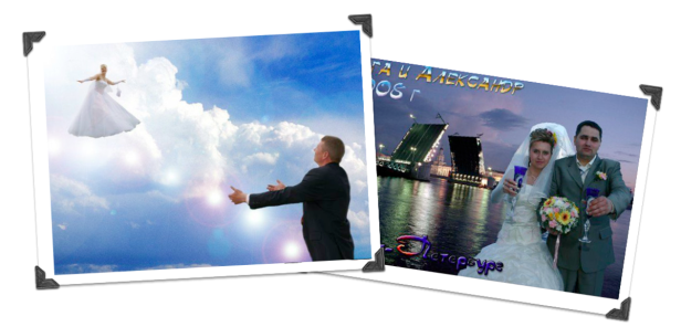 Eine Collage zeigt eine Braut im Himmel und ein Hochzeitspaar vor einer Brücke.