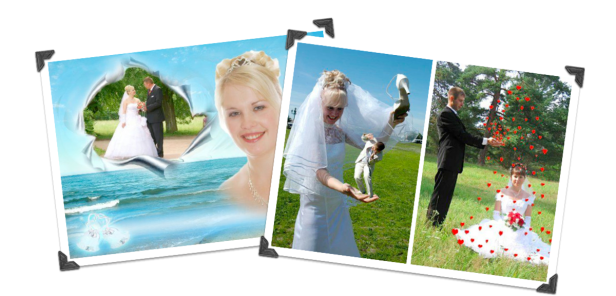 Eine Collage von Hochzeitsfotos zeigt ein Brautpaar in verschiedenen Posen.