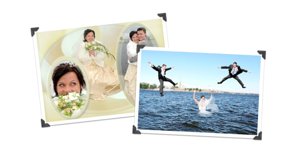 Collage mit Hochzeitsfotos, darunter eine Braut im Wasser und springende Männer im Anzug.
