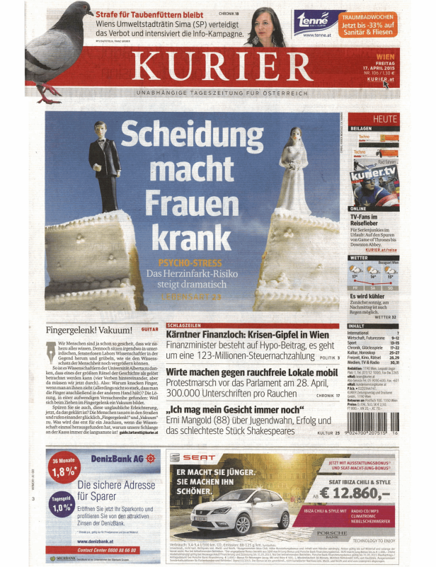 Titelseite der Zeitung „Kurier“ vom 17. April 2015 mit Artikeln über Scheidung, Kärnten und Taubenfütterung.
