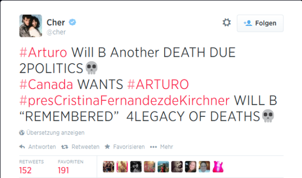Ein Screenshot eines Tweets von Cher über Arturo, Kanada und Cristina Fernandez de Kirchner.