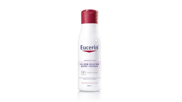 Eine Flasche Eucerin In-der-Dusche Body Lotion für empfindliche Haut.