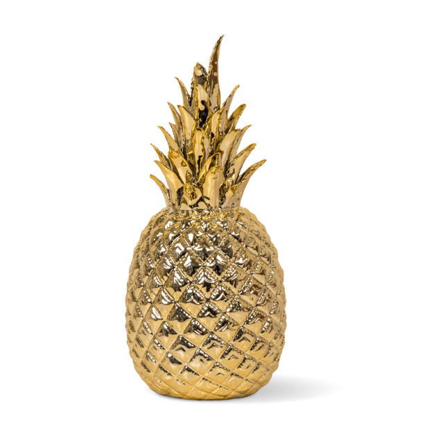 Eine goldene Ananas steht auf einem weißen Hintergrund.