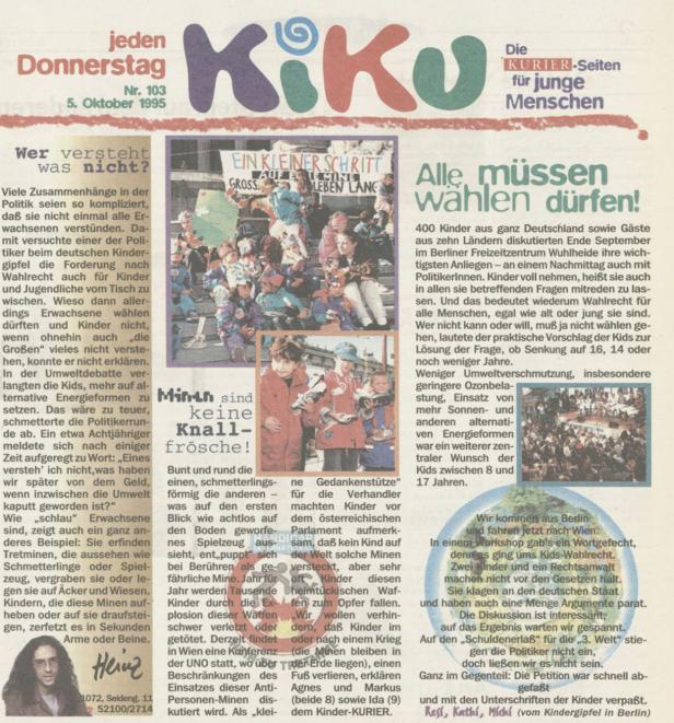 Eine Zeitungsseite der Kinderzeitung KiKu aus dem Jahr 1995 mit Artikeln über Kinderrechte und Umwelt.