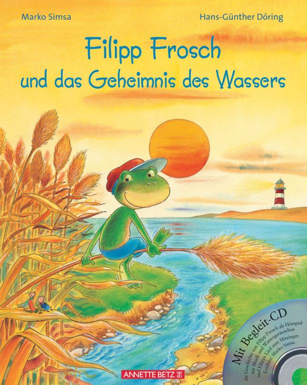 Das Cover des Kinderbuchs „Filipp Frosch und das Geheimnis des Wassers“ mit einem Frosch am Ufer.